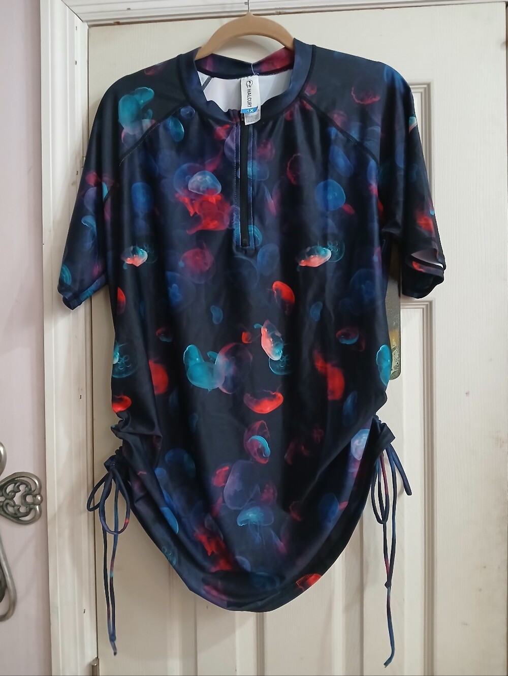 Halcurt Swim Shirt Women 1X Blue Rash Guard UPF 50+Zip Short Sleeve Drawstring